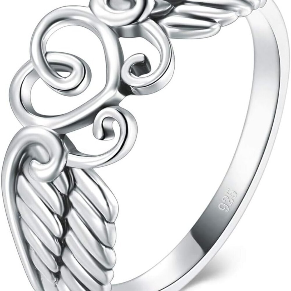925 Sterling Silver Ring High Polish Heart Angel Wings Ring 4-12